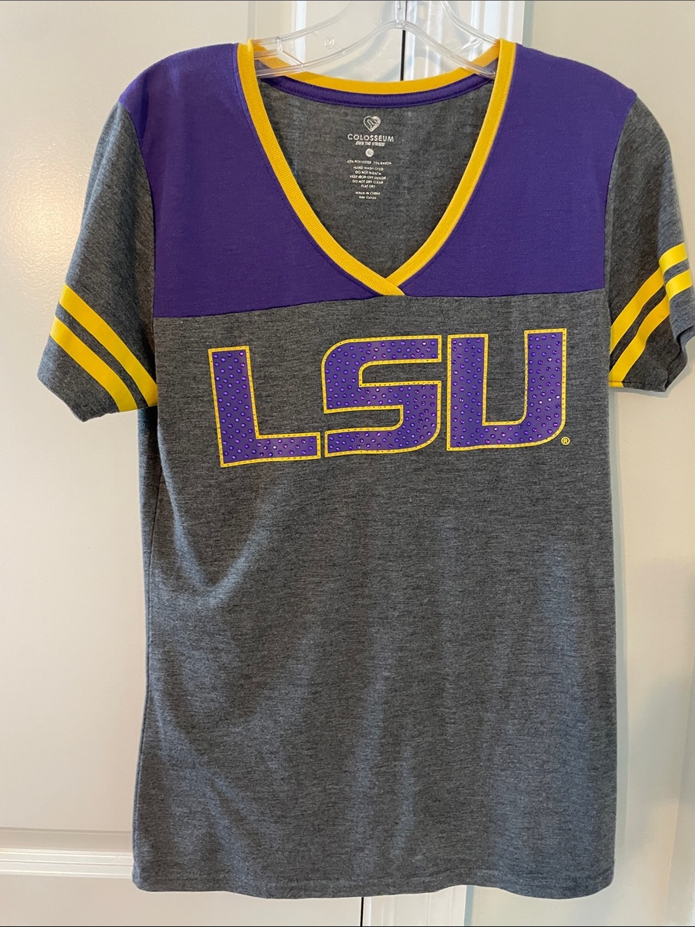 Colosseum Gray Tee with Purple Yoke and Yellow Trim